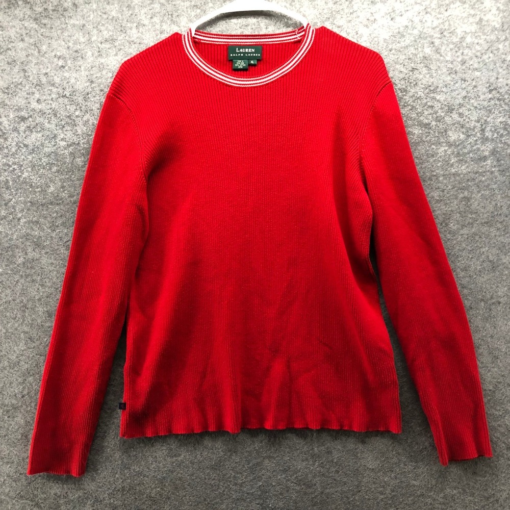 Lauren Ralph Lauren Ribbed Sweater Womens XL Red Cotton Knit Striped Crew Neck